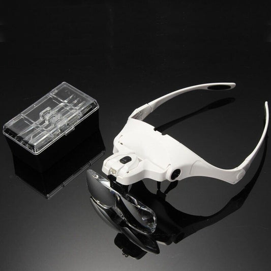 Adjustable reading watch loupe headband with LED light for detailed jewelry inspection.