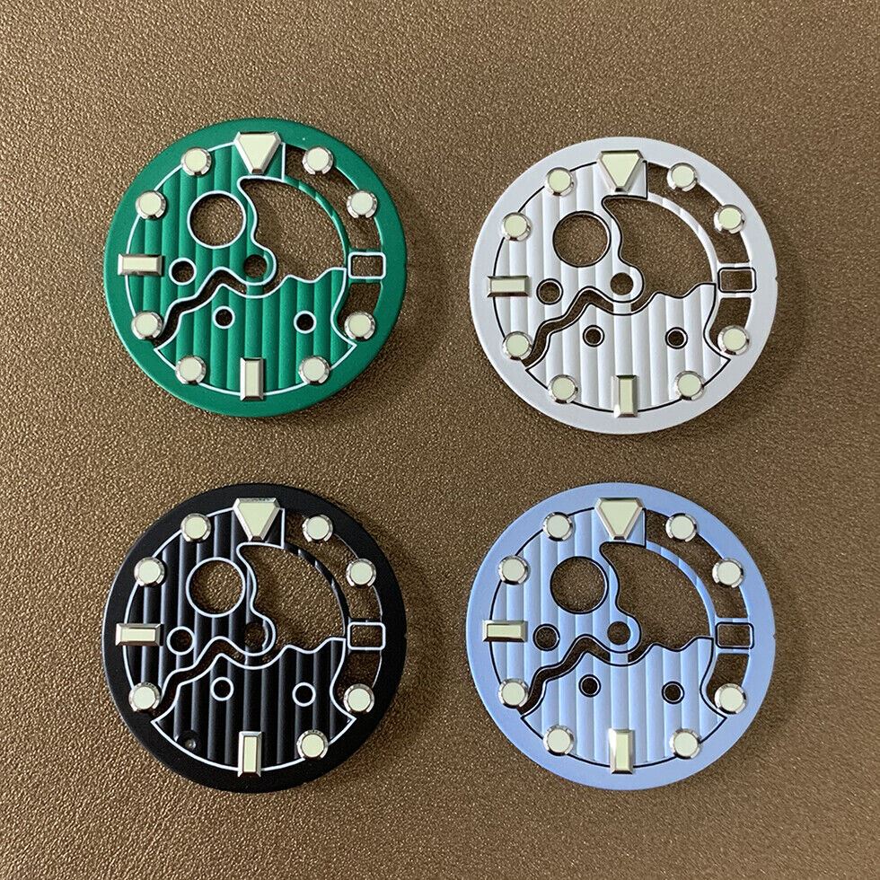 28.50mm Hollow C3 Green luminous watch dial, fits NH35/NH36 movement, glowing design for night readability.