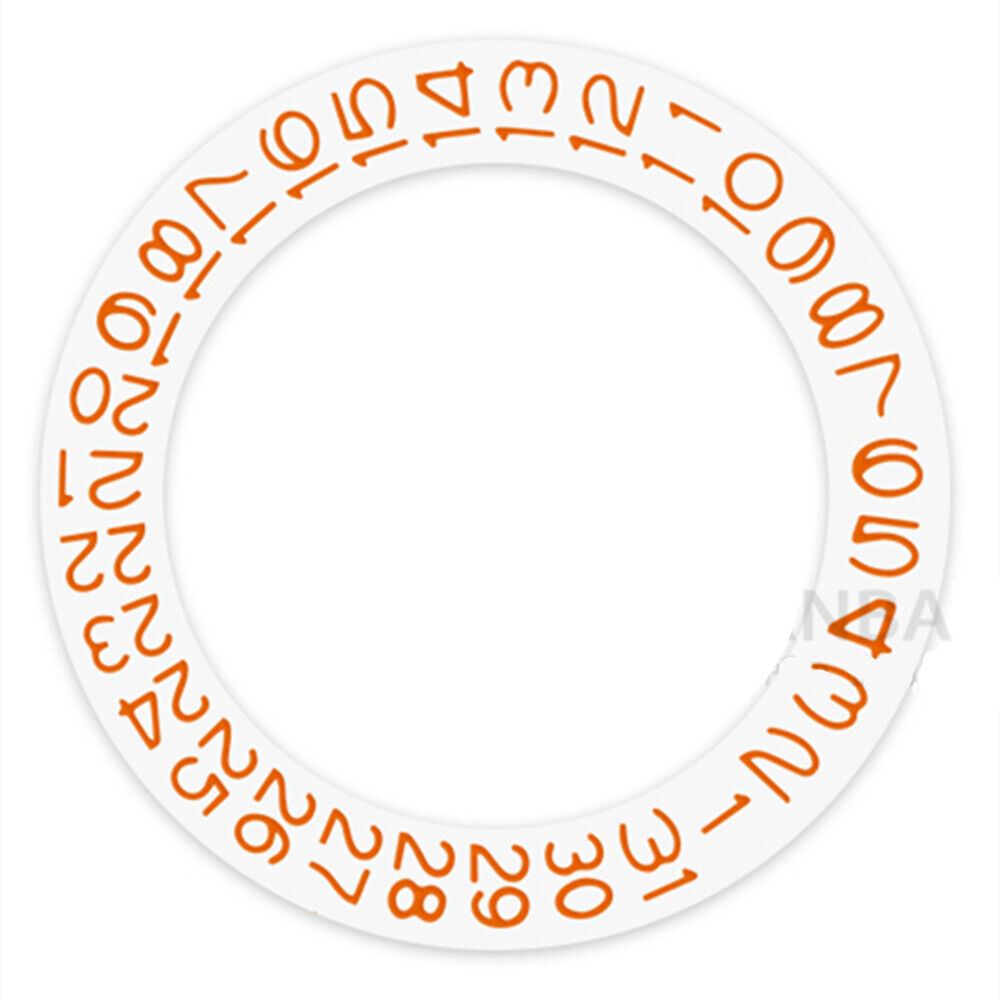 Orange date wheel with character disk for Miyota NH35 NH36 watches, clear date at 3 o'clock, white background.