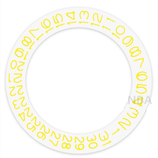 Shined yellow date wheel for Miyota NH35 NH36 watches, white background, precise character disk.