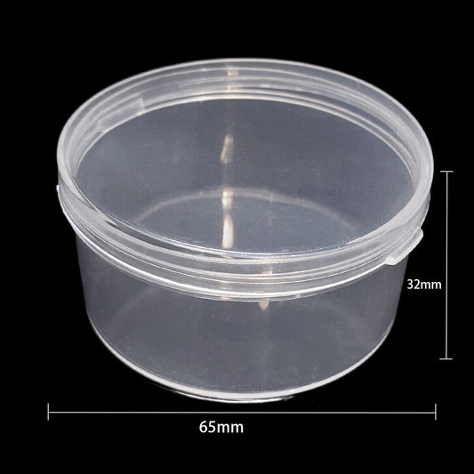 Set of 5 round transparent plastic containers with lids, perfect for organizing small watch accessories.