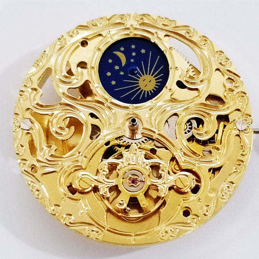 Dandong gold automatic watch with mechanical movement and hollow moon phase at 12 o'clock.