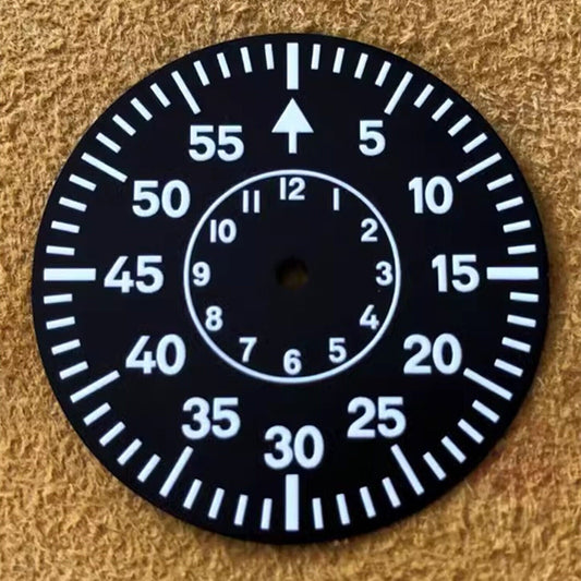 38.9mm Pilot watch dial with green lume, 2-circle design for ETA 6498/ST3621 movements.