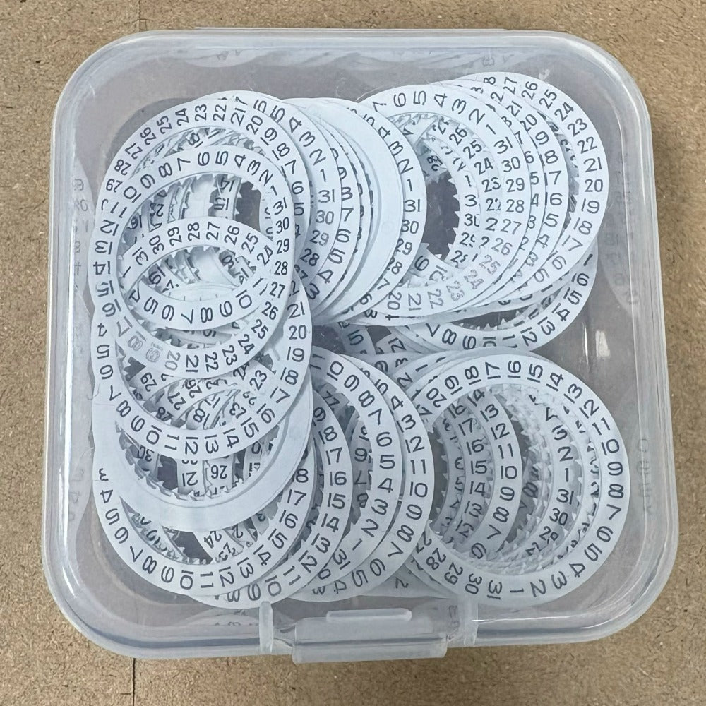 Set of 5 white date disk wheels for Miyota 8200 and 8215 watch movements, precise fit for timepieces.