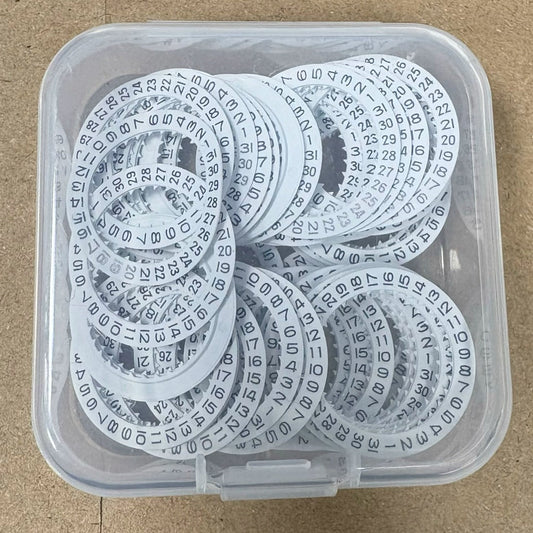 Set of 5 white date disk wheels for Miyota 8200 and 8215 watch movements, precise fit for timepieces.