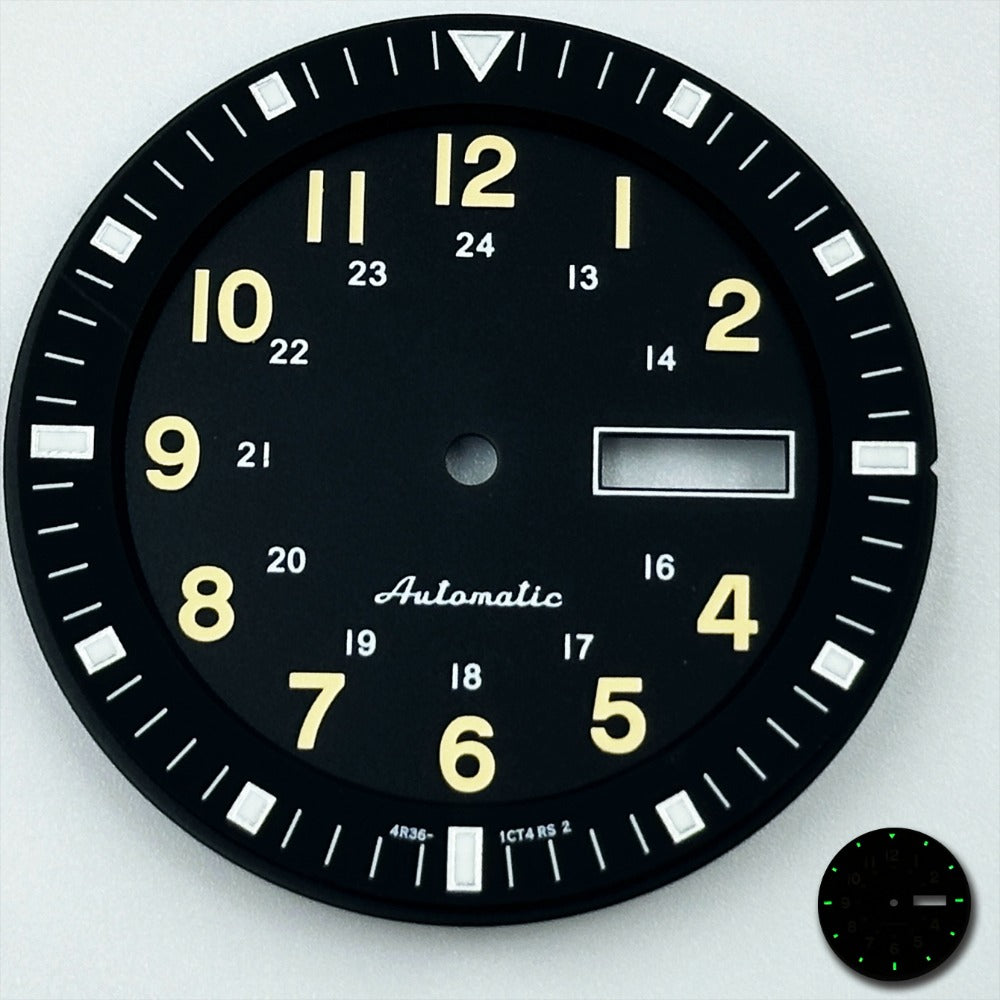 Black 35.5mm Vintage Datejust dial with green luminous markers for NH36, perfect for stylish watch customization.