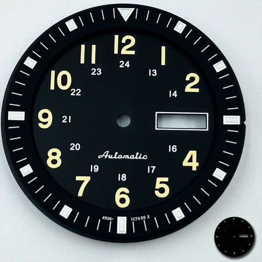 Black 35.5mm Vintage Datejust dial with green luminous markers for NH36, perfect for stylish watch customization.