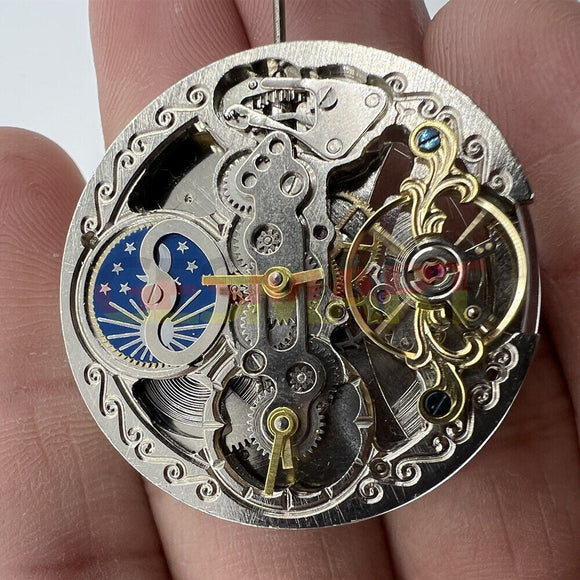 Automatic Mechanical Movement Silver 3 Hands Hollow Moon Phase Watch
