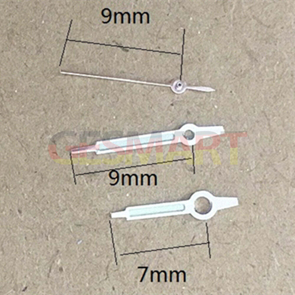 Silver trim green lume 9mm watch hands for Miyota 1M12 quartz movement, enhancing dial visibility.