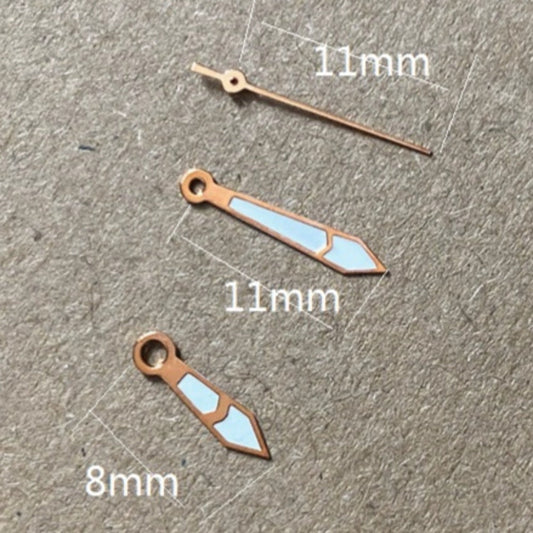 Rose gold arrow-shaped lume watch hands, 11x11x8mm, for Miyota 2035 quartz movement.