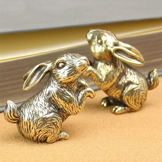 Solid copper rabbit figurine with vintage bronze finish, hand-carved detail, perfect desk decor