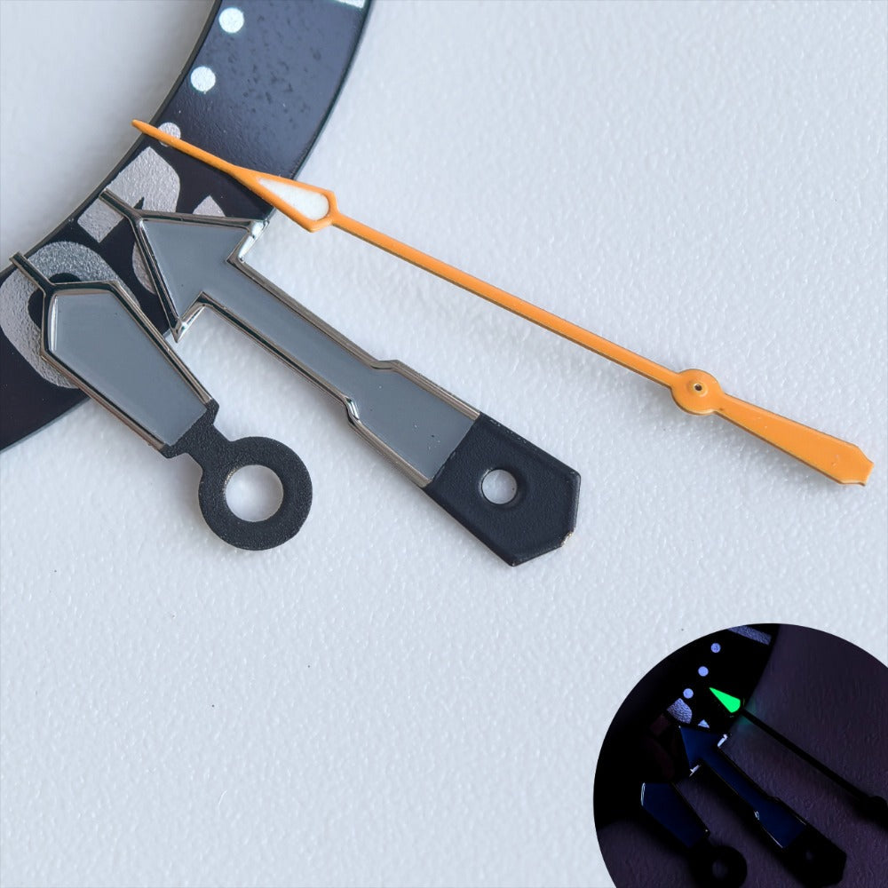 Silver-trimmed grey and orange watch hands with green lume, compatible with NH35/36 movement,.