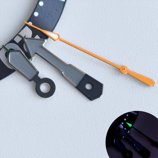 Silver-trimmed grey and orange watch hands with green lume, compatible with NH35/36 movement,.