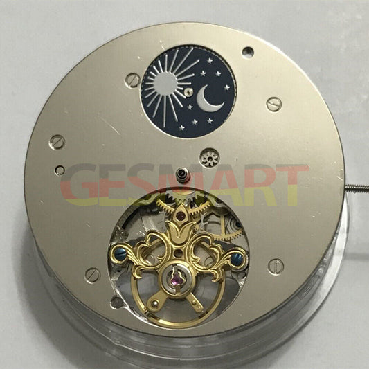 Asian 3 Hands Star Moon Phase watch with flywheel, automatic mechanical movement for men, elegant design.
