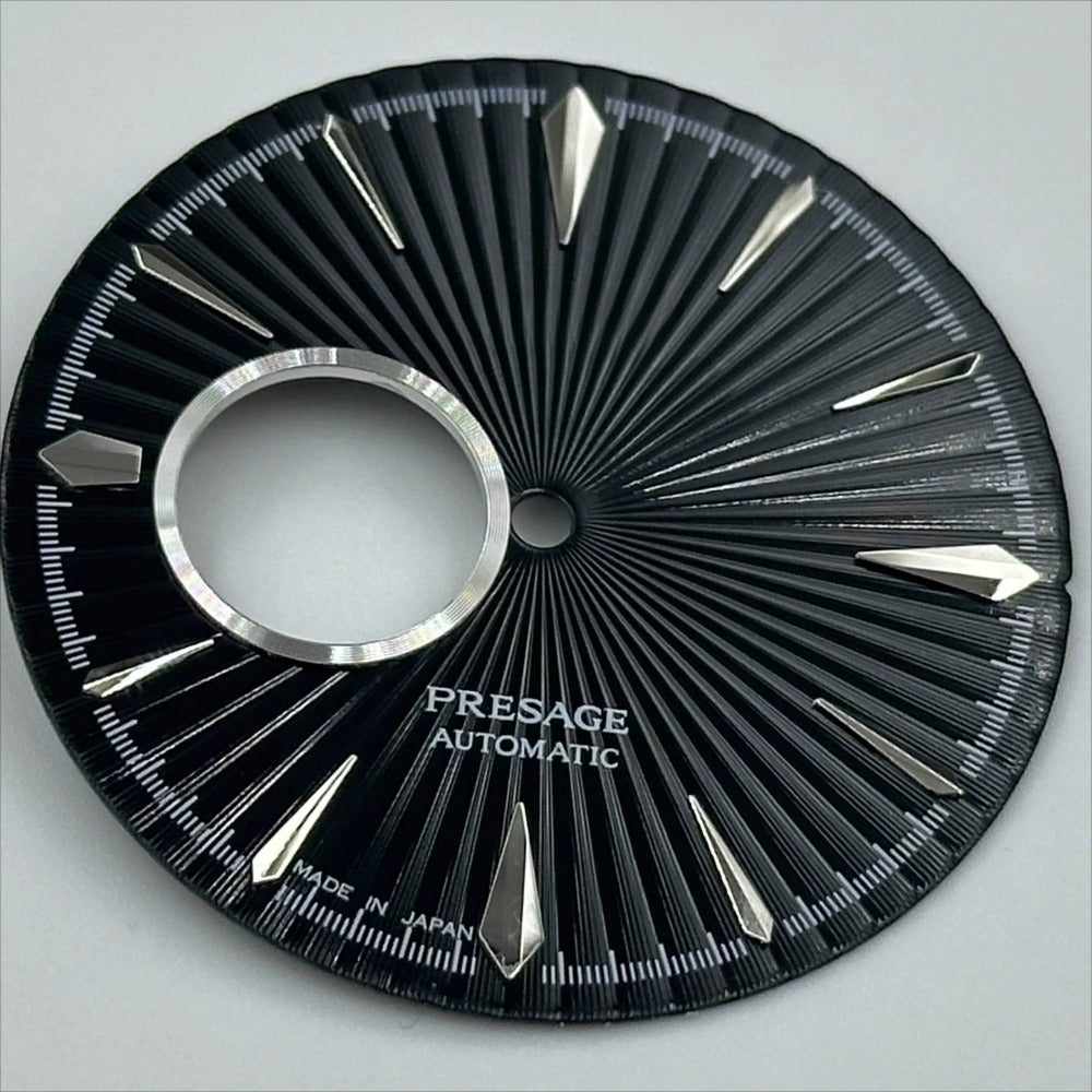 35mm Silver Nail+Black No Lume Cocktail watch dial for NH39 movement, sleek design.