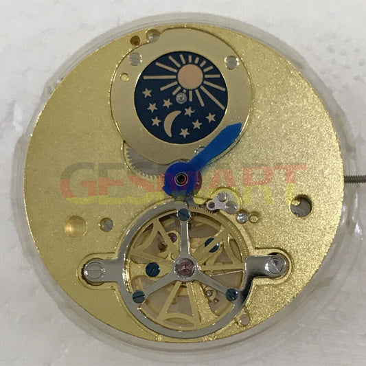 Golden Multifunctional Star Moon Phase watch with automatic mechanical movement by S, elegant design at 12 and 6 o?clock positions.