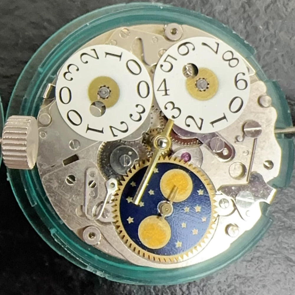Tianjin Seagull ST2528 watch showing mechanical movement with perpetual calendar function on black dial.