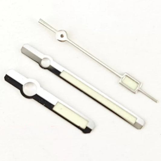 Silver-trimmed green lume watch hands set for ETA2824 2836 PT5000 movements, 8x12x12.5mm size.