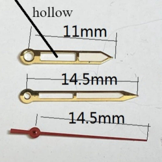 Golden trim hollow 14.5mm watch hands set for Miyota 2035 quartz movement, stylish accessory.