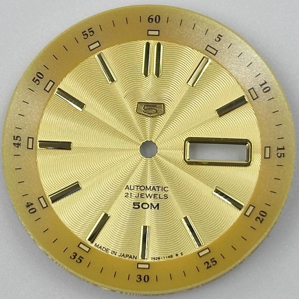 Yellow 35.5mm vintage watch dial with golden nails, green luminous markers, compatible with NH35 NH36 movements.