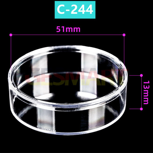 Set of 10 round transparent PS storage cases, 51x13mm, ideal for organizing small watch accessories.