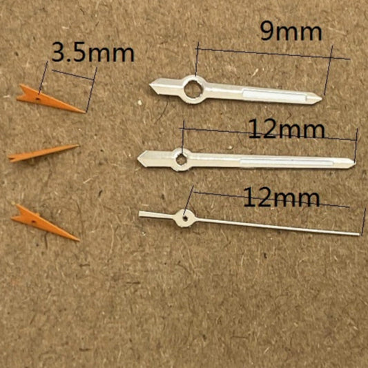 Orange and silver trimmed green lume watch hands for Miyota JS15 quartz movement, precise fit.