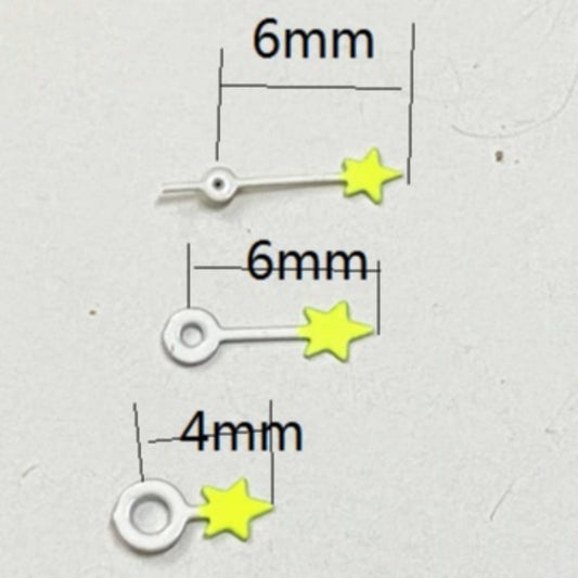 White painted yellow star-shaped watch hands, 6x6x4mm, compatible with Miyota 2035 quartz movements.