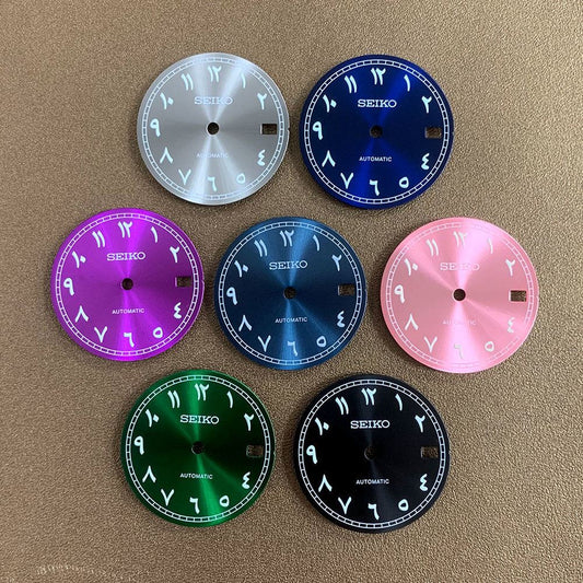 Luminous 28.5mm Arabic font watch dial for NH35 movement, perfect for precise watch repairs.