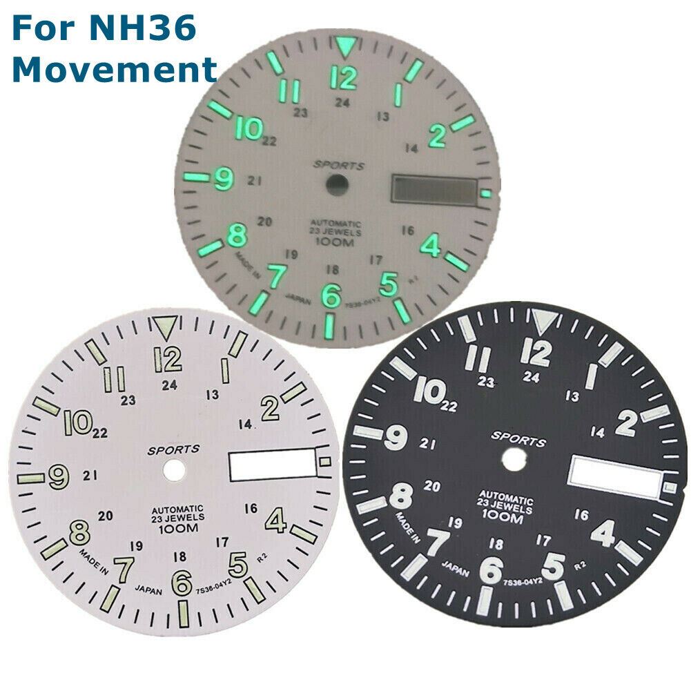Green luminous 28.5mm watch dial face with C3 lume, designed for NH36A automatic mechanical movement.