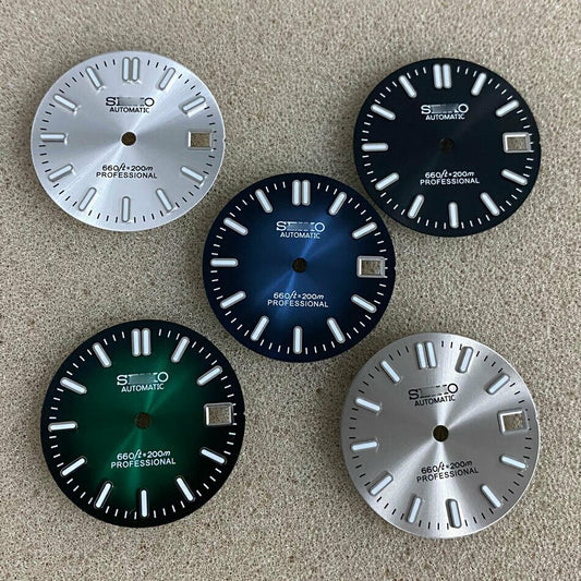 Green luminous 28.5mm watch dial for NH35 movement, enhancing visibility and style by AE46.