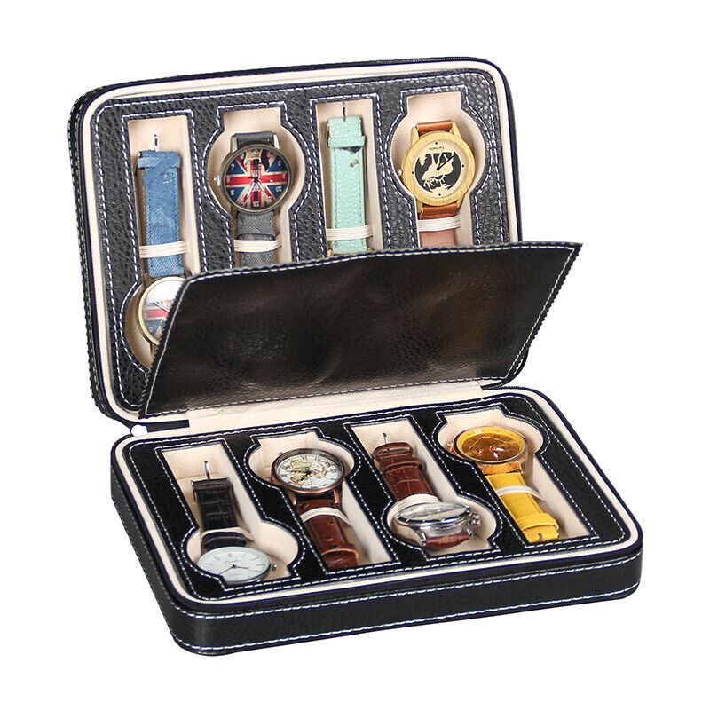Portable watch storage box with zipper, 2/4/8 grid compartments for travel, protects jewelry - brand name included.