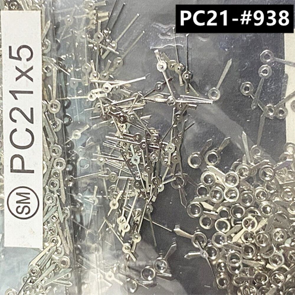 Set of 5mm silver watch hands for Hattori Epson PC21 quartz movement, ideal for precise timekeeping.