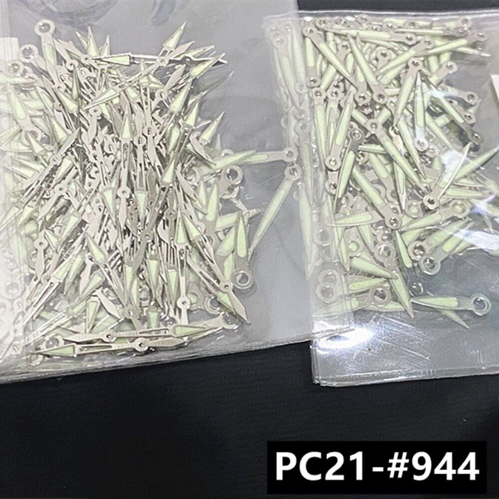 Set of 11mm silver lume watch hands for Epson PC21 quartz movement, perfect for repair and customization.