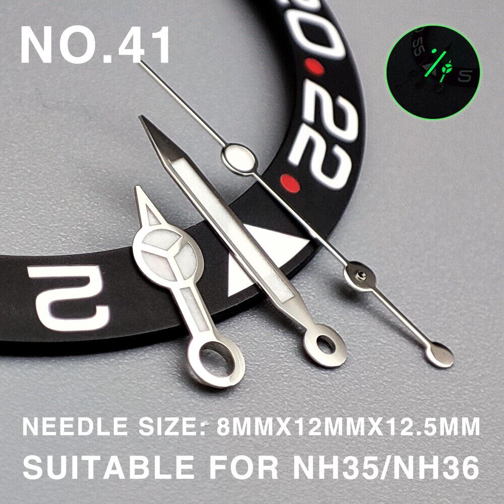 Green lume watch hands with silver trim, 12.5mm for Miyota NH35/NH36/NH38 movements.