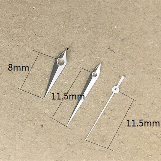 Silver arrow-shaped watch hands 11.5mm, compatible with Miyota 1M12 Japan quartz movement.