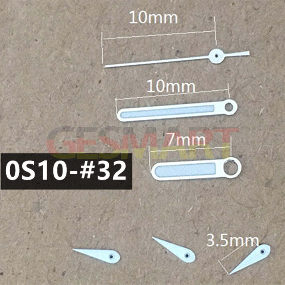 Silver 10mm pointed watch hands with green luminous trim for Miyota 0S10 movement