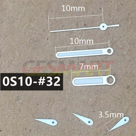 Silver 10mm pointed watch hands with green luminous trim for Miyota 0S10 movement