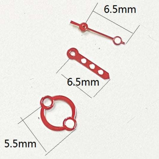 Red hollow watch hands for Miyota 2035 movement, 6.5mm, stylish fashion upgrade.