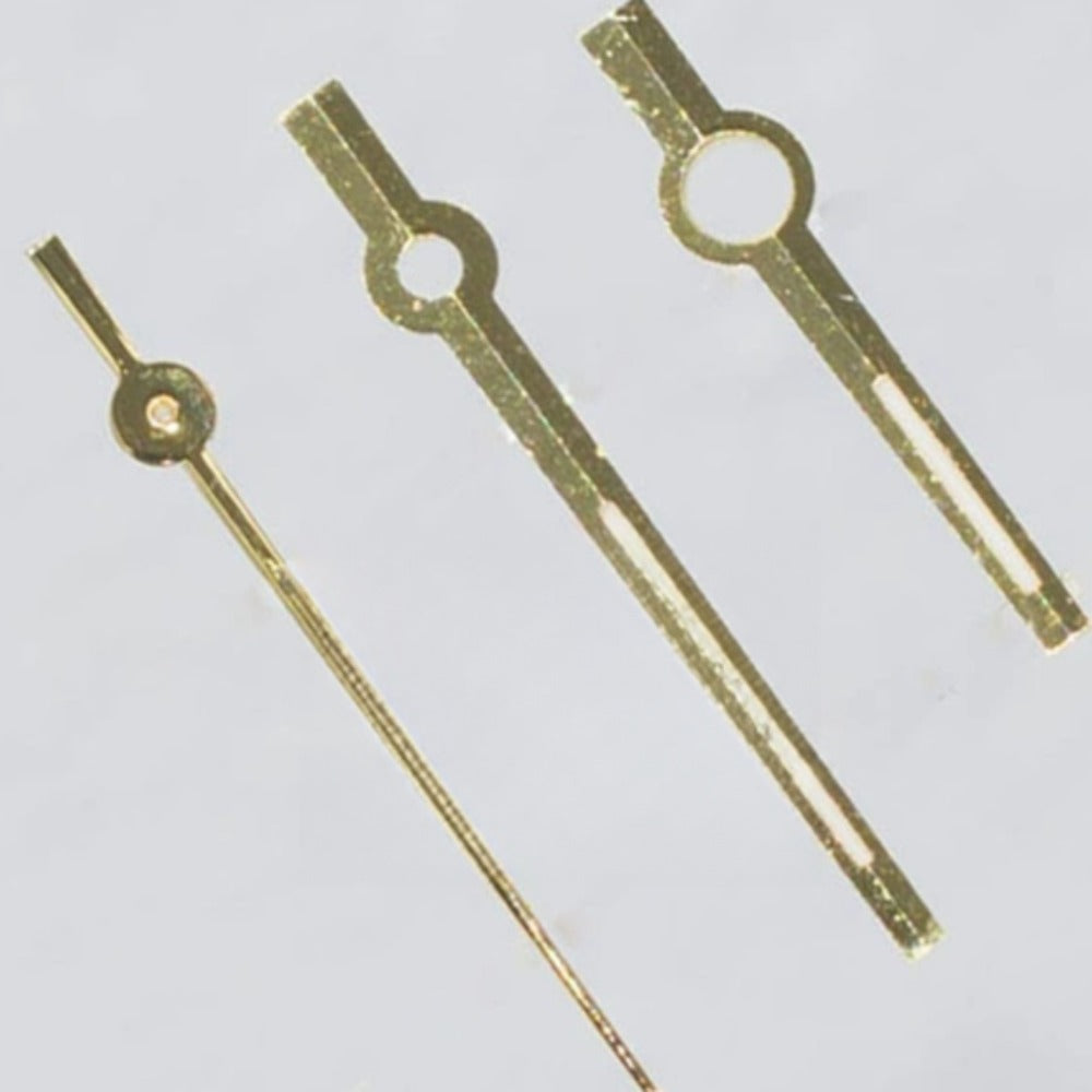 Golden trim green lume watch hands for ETA2836 movement, 17.5mm length.