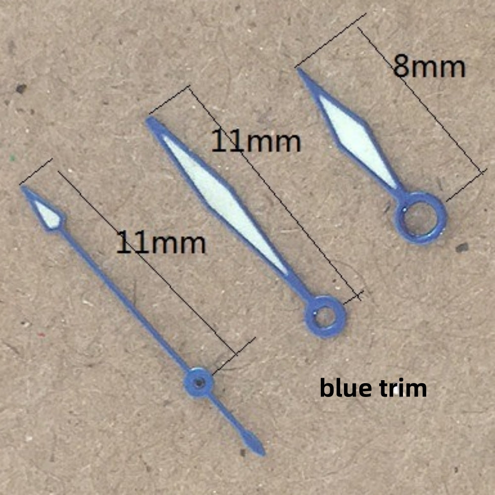 11mm white watch hands with blue trim for Seagull ST6 automatic mechanical movement, precise and stylish.