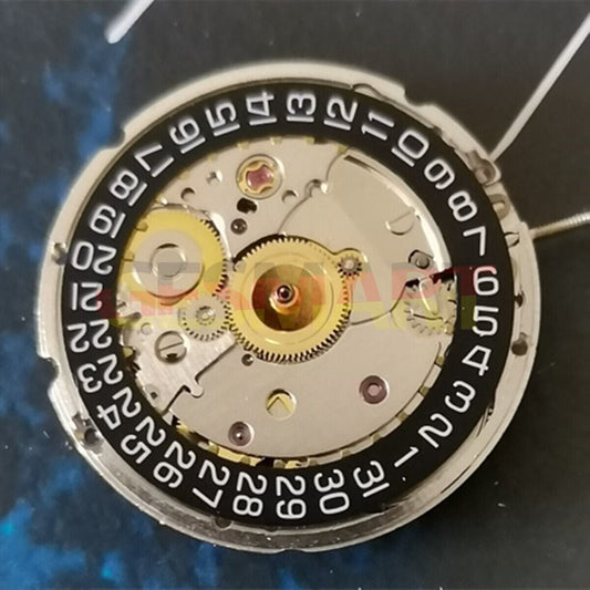 Seagull 2824 mechanical watch movement with single calendar at 3 o'clock, black dial, precise timekeeping.