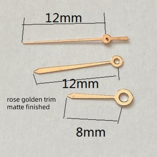 Rose Golden matte watch hands set, 12x12x8mm, compatible with Ronda 515 quartz movement, elegant design.