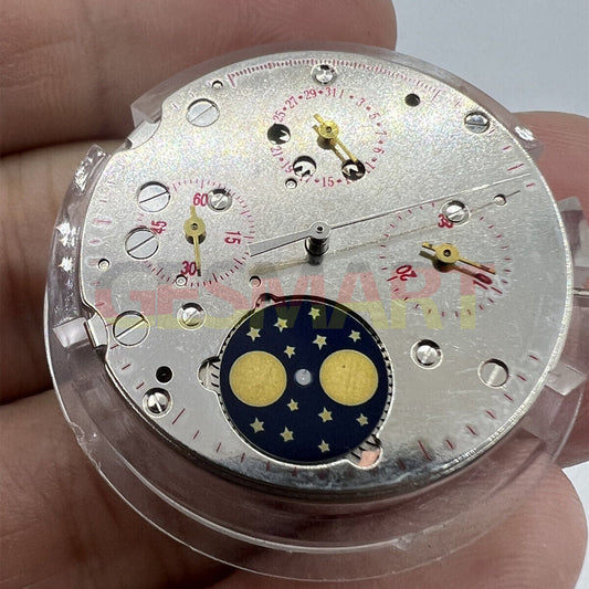 Tianjin Seagull ST1908 manual winding watch movement featuring moon phase complication for precise timekeeping.