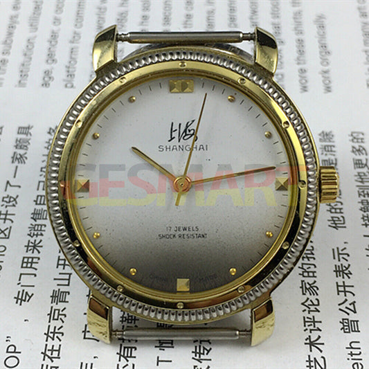 Shanghai Factory manual mechanical watch with golden nail markers and gradient grey dial for elegant style.