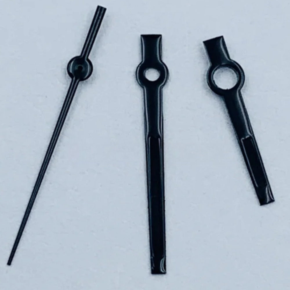 Black trim watch hands set 8x12x12.5mm with no lume for NH34, NH35 movements.