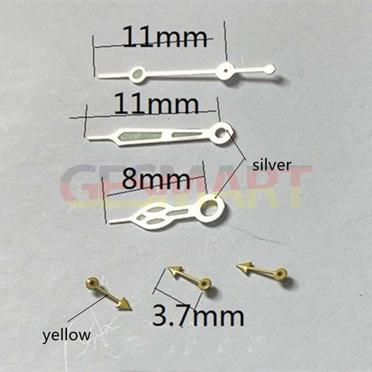 11mm silver-trimmed green lume watch hands by Miyota, ideal for OS10, OS20, OS22, OS60, OS80 movements.