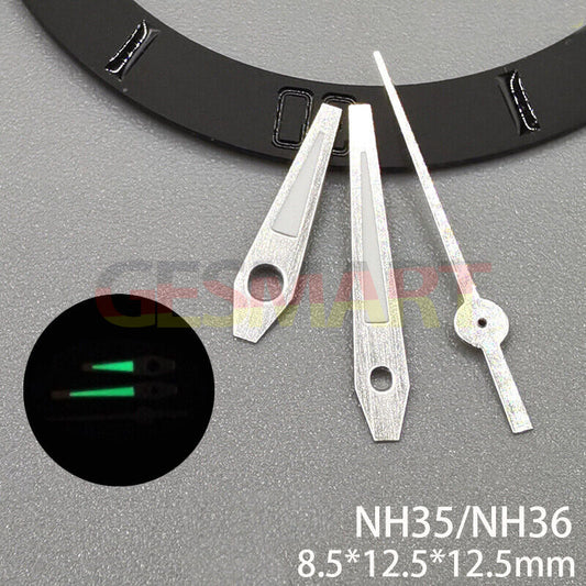 Silver-trimmed green lume watch hands compatible with NH35/NH36 movements, perfect for precision timekeeping.
