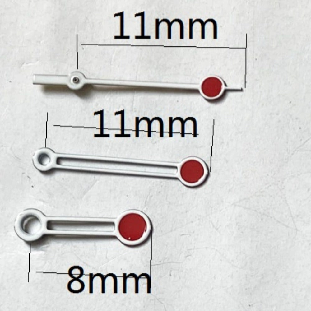 White trim red pointed hollow watch hands designed for Miyota 2035 quartz movement accessories.