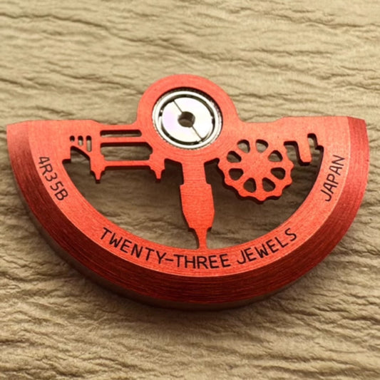 Red architectural style hollow rotor oscillating weight for NH35 NH36 movements, elegant watch accessory.
