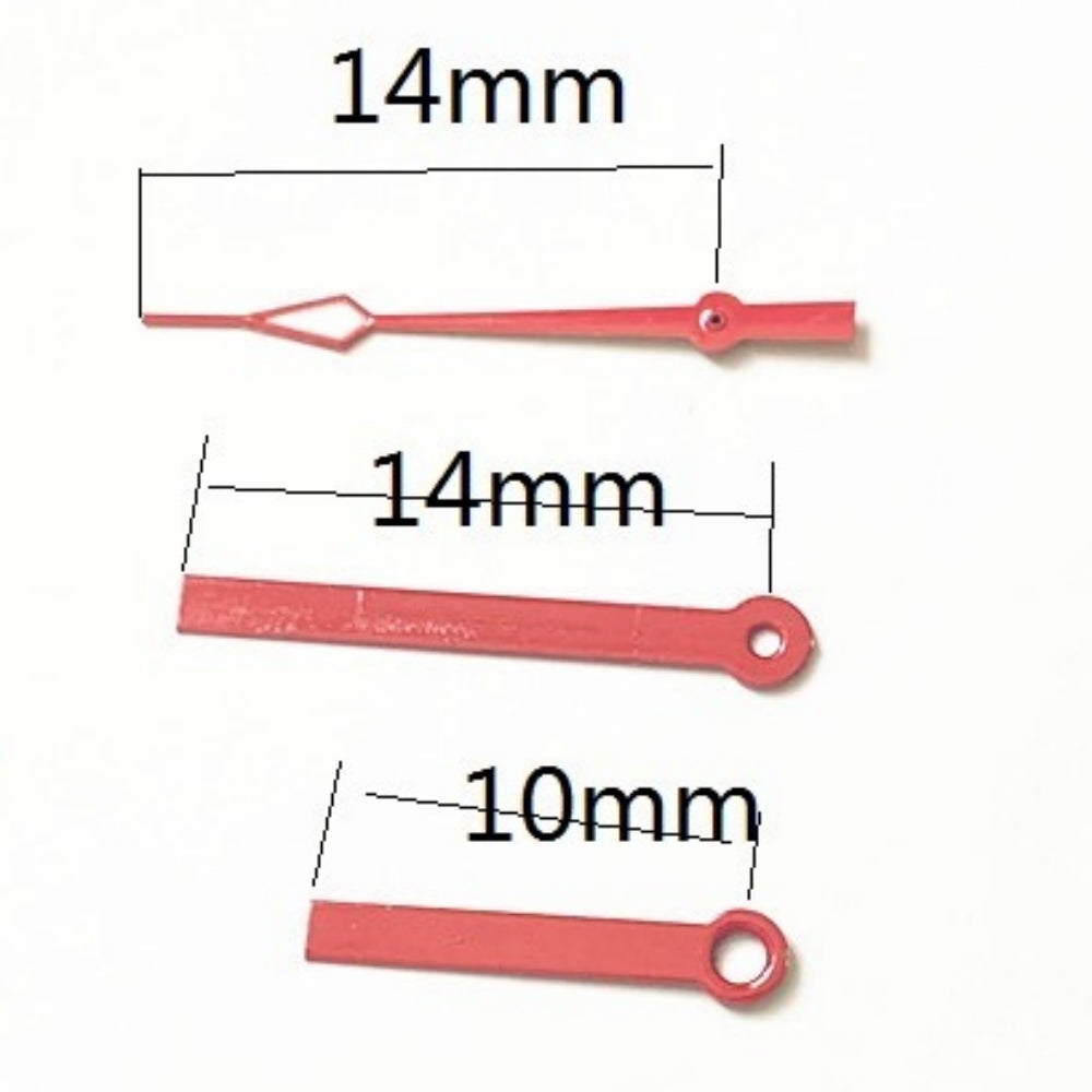 Red square pointed watch hands set, 14x14x10mm, compatible with Ronda 515 quartz movement, precision design.